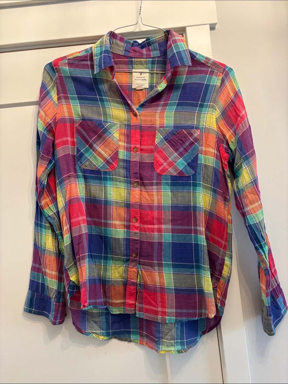 American Eagle Outfitters Rainbow Plaid Button-Down Shirt